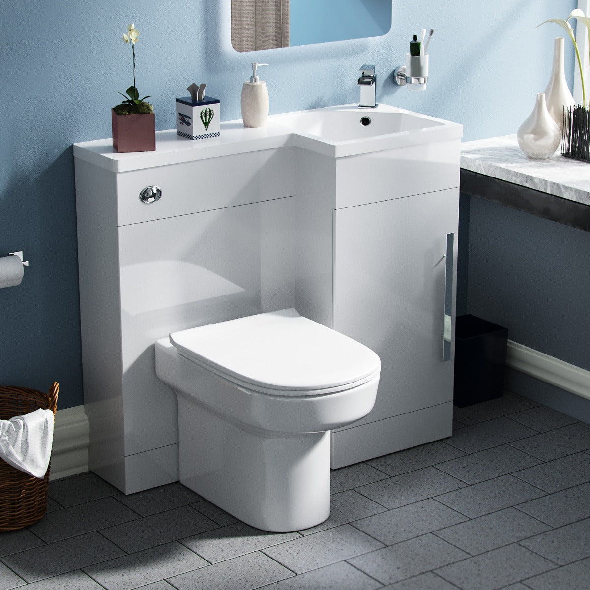 Right Hand 900mm Vanity Basin Unit, WC Unit & Chem Back to Wall Toilet