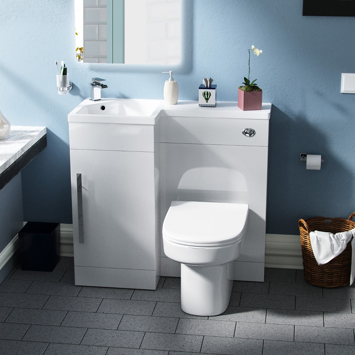 Left Hand 900mm Vanity Basin Unit, WC Unit & Chem Back to Wall Toilet White