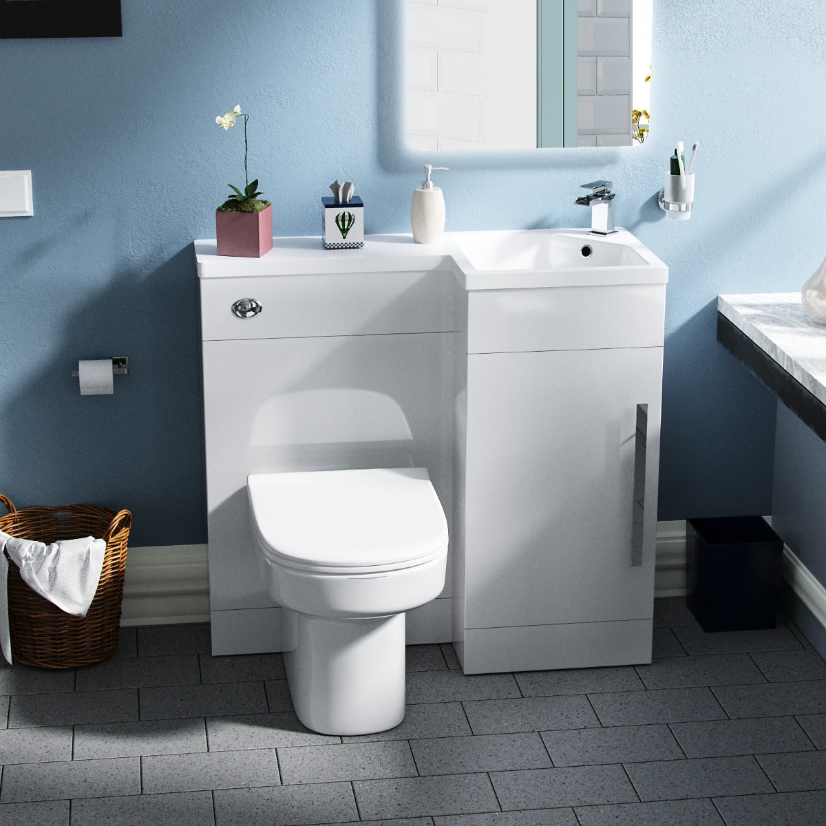 Right Hand 900mm Vanity Basin Unit, WC Unit & Chem Back to Wall Toilet White