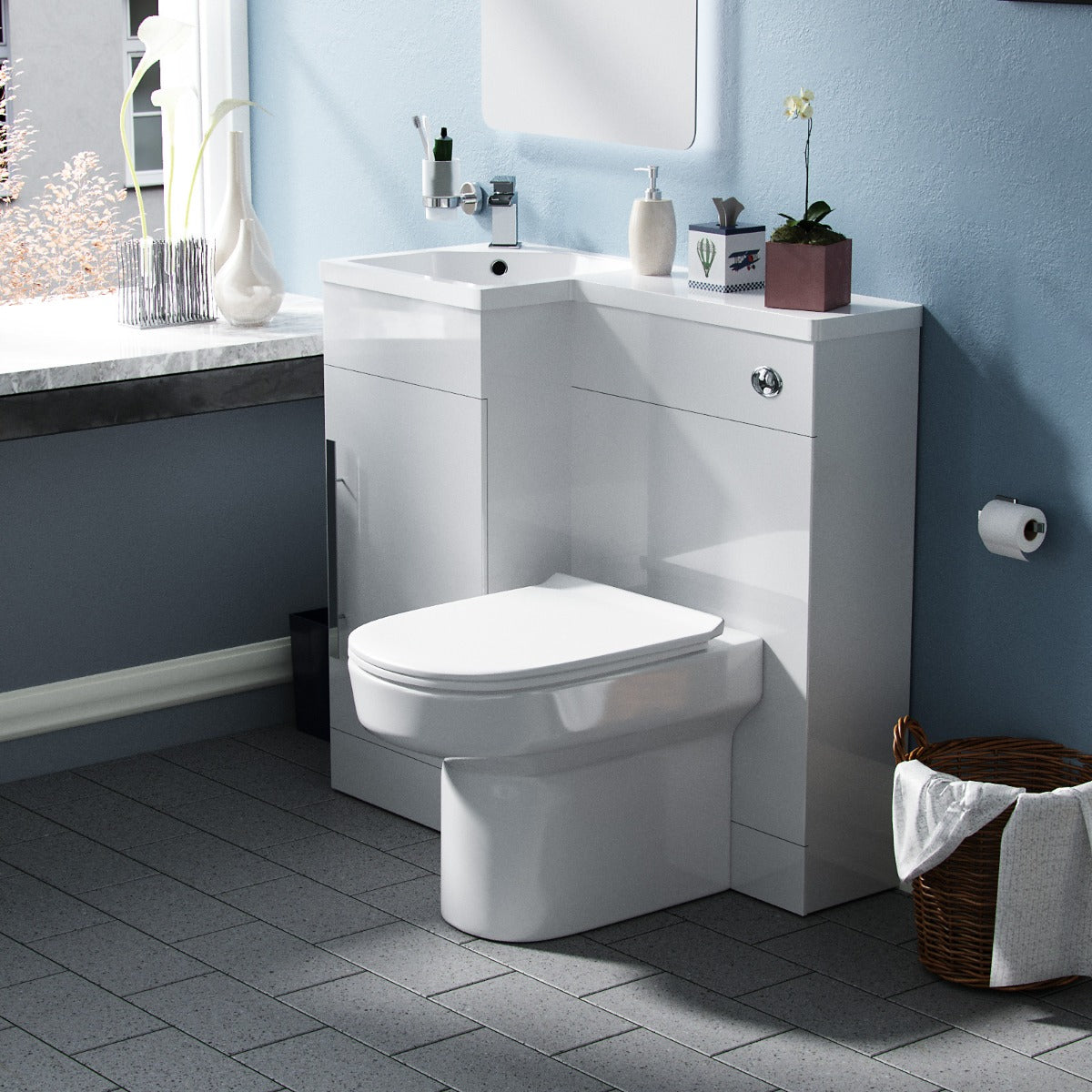 Left Hand 900mm Vanity Basin Unit, WC Unit & Chem Back to Wall Toilet White