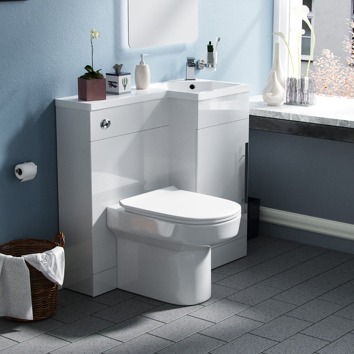 Right Hand 900mm Vanity Basin Unit, WC Unit & Chem Back to Wall Toilet White