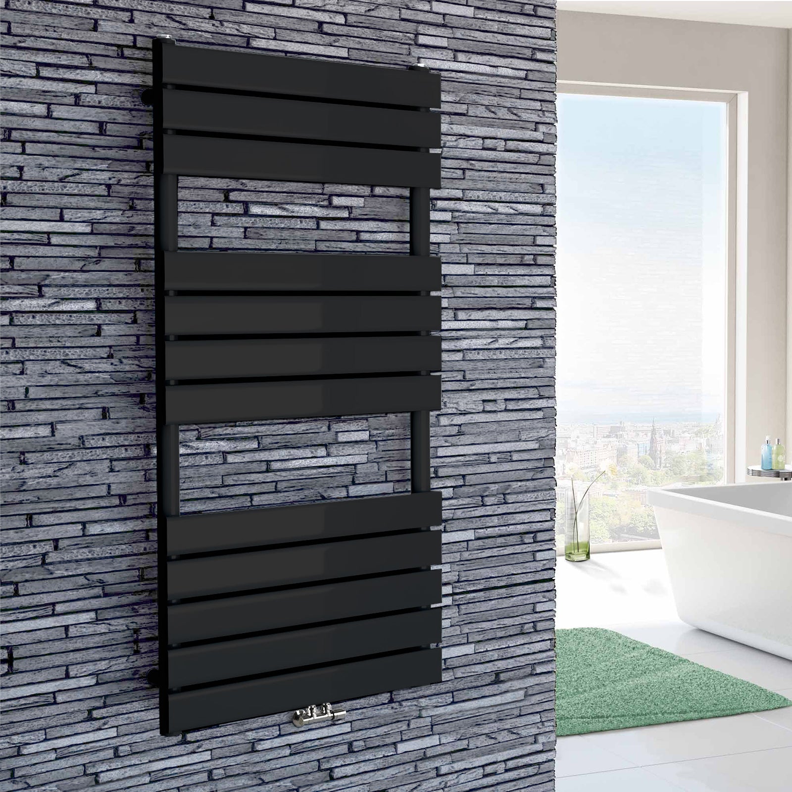 Vertical Central Connection Towel Radiator Black Single Flat Tube 1200 x 500 mm