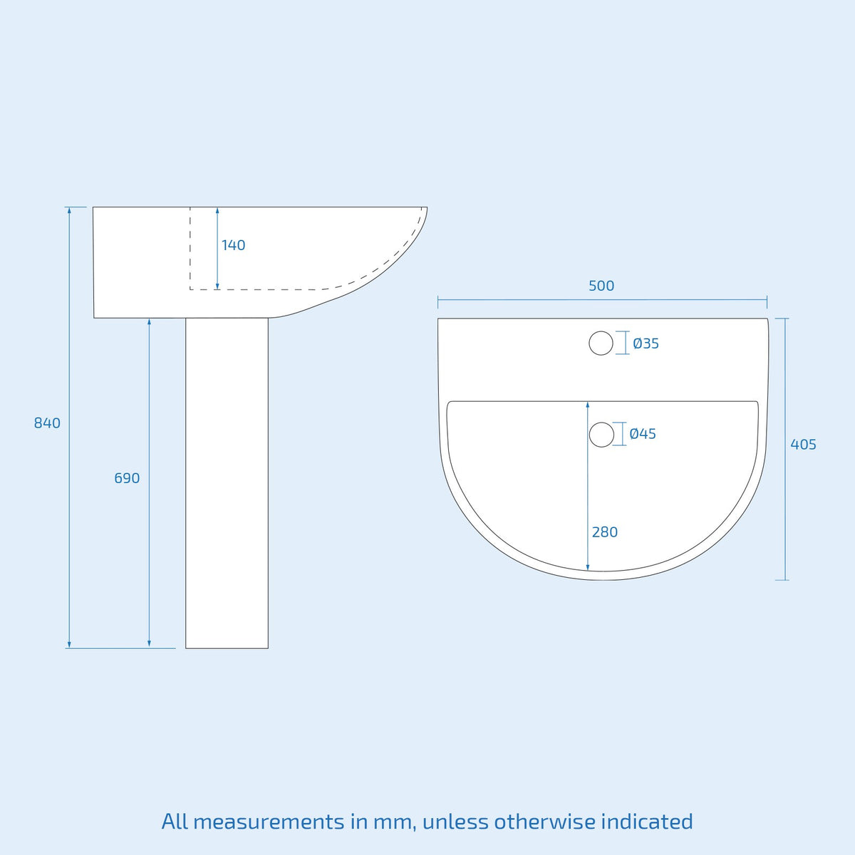 1700mm Bathtub and 500mm Round Slim Edge Pedestal Basin With Toilet