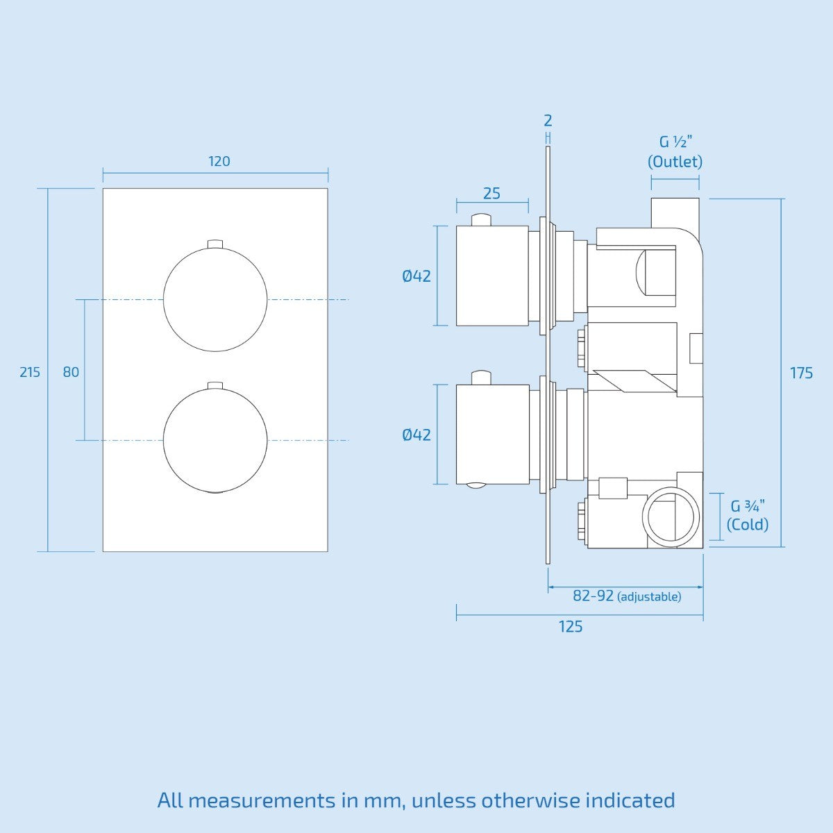 2 Dial 1 Way Round Concealed Thermostatic Shower Valve & Head