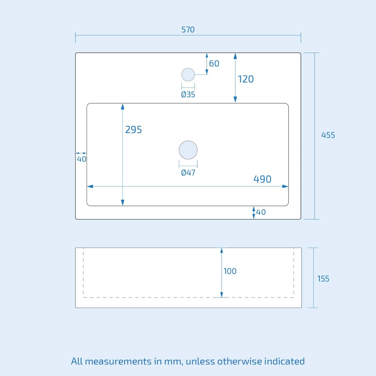 Lomond 570mm Wall Hung Rectangle Basin White