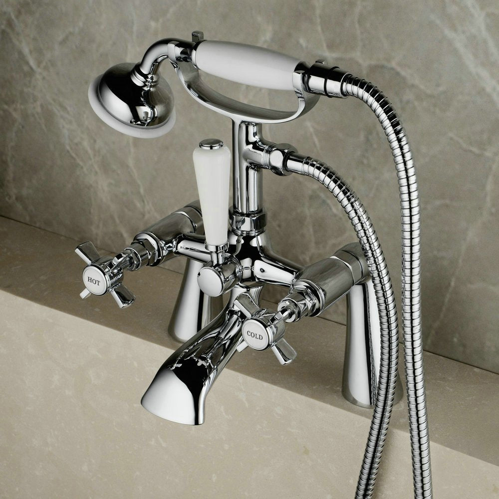 Edwardian Deck Mounted Bath Shower Mixer Tap Quarter Turn Cross Handle