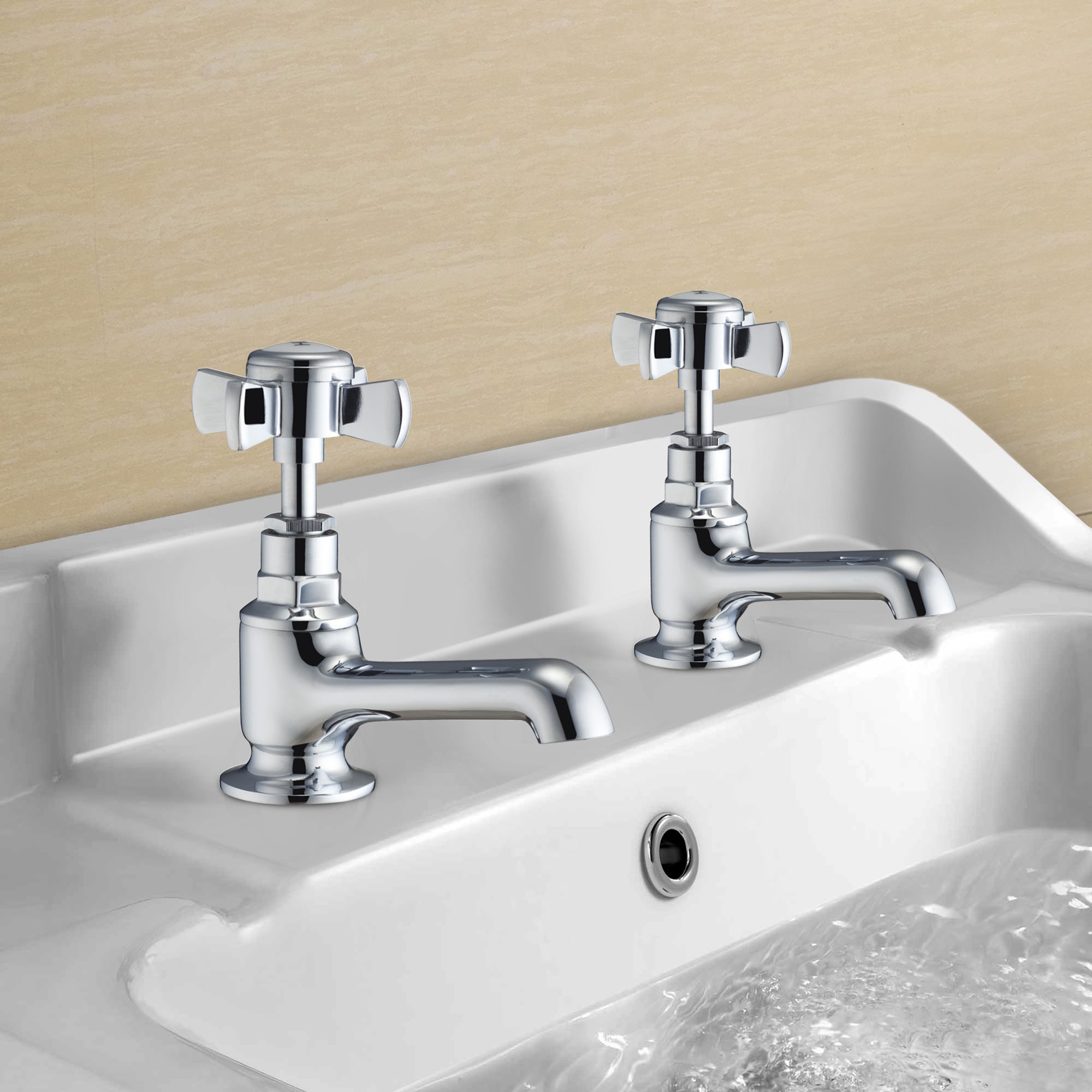 Edwardian Twin Basin Taps & Bath Shower Mixer Tap Chrome