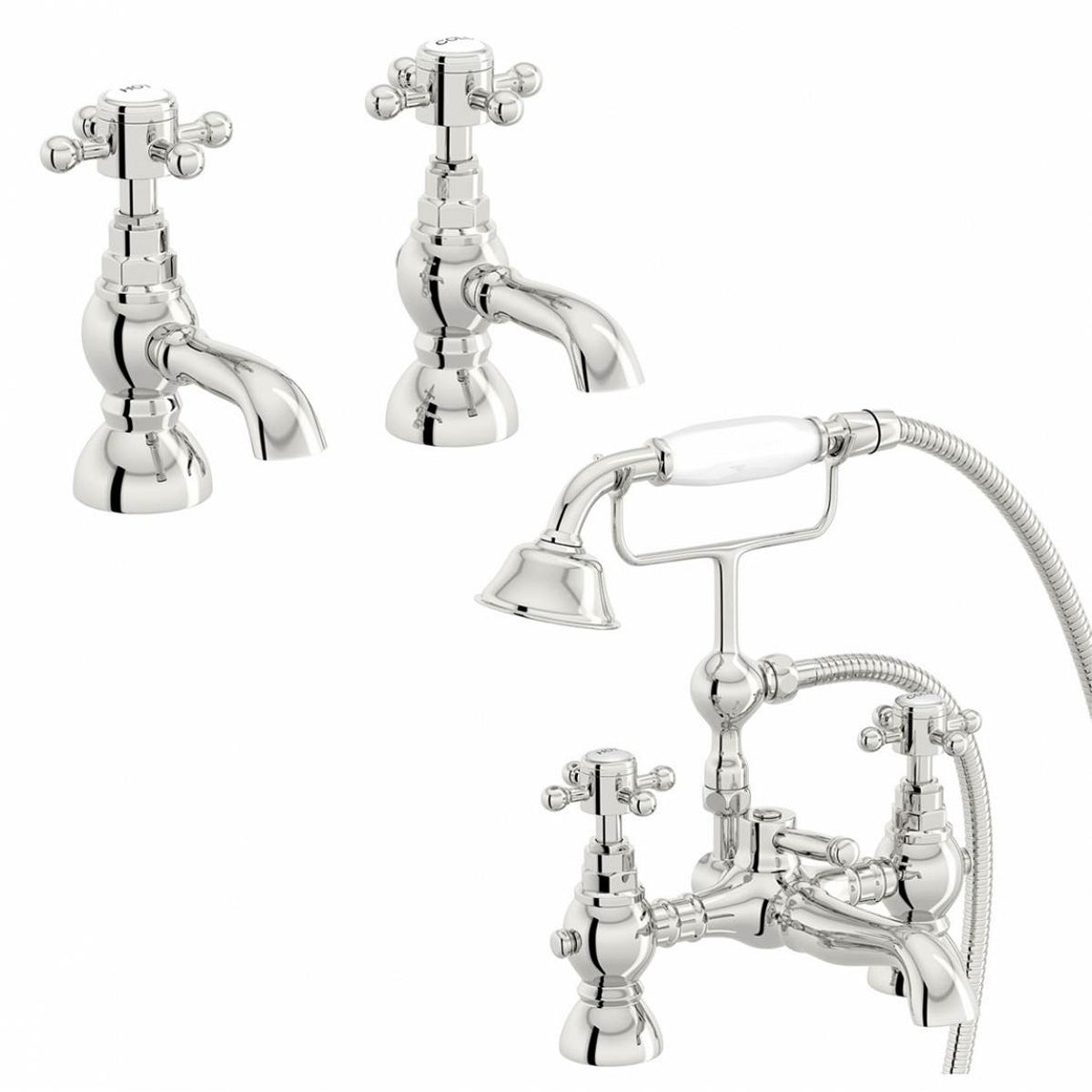 Churchill Traditional Set Of Twin Basin Cross Head Taps & Bath Shower Mixer Tap With Handheld Kit