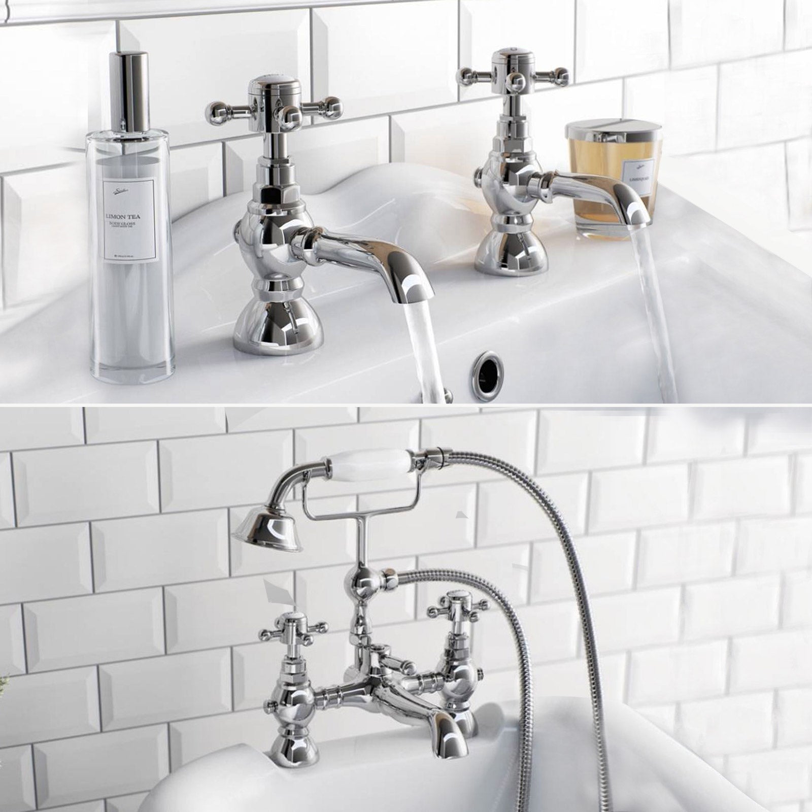 Churchill Traditional Set Of Hot & Cold Basin Taps And Bath Shower Mixer Tap With Handheld Kit