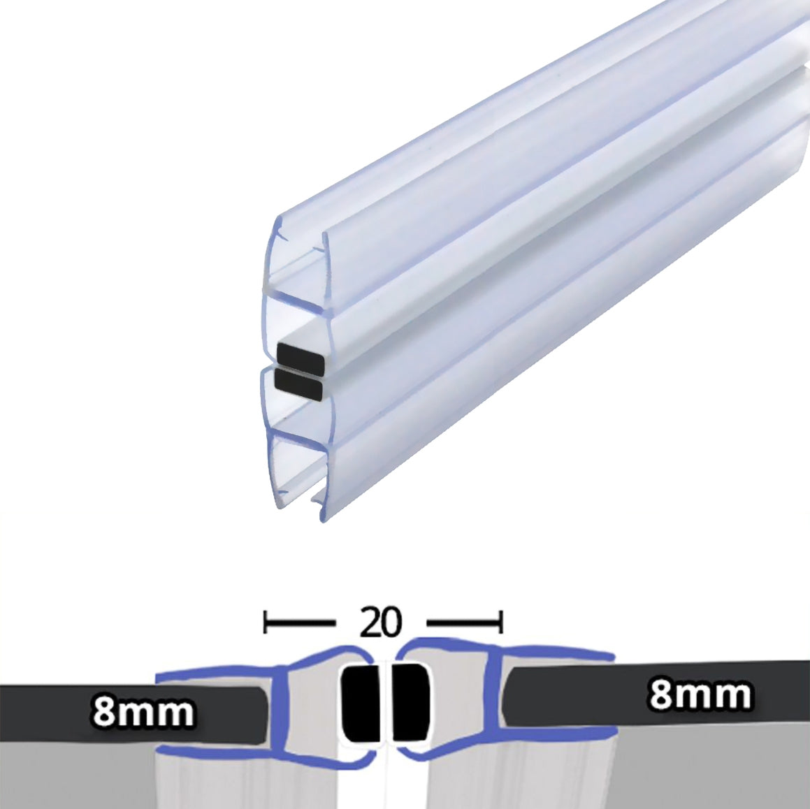 Clear 180° Magnetic Shower Enclosure Seal 8mm x 2000mm