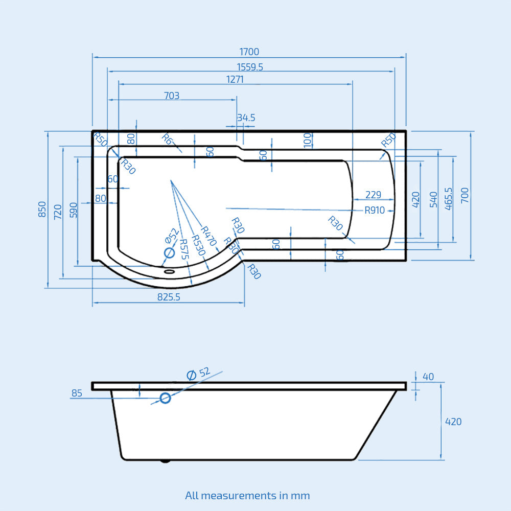 P-Shaped LH Bath 500mm Floor Vanity Unit & Close Coupled Toilet Suite