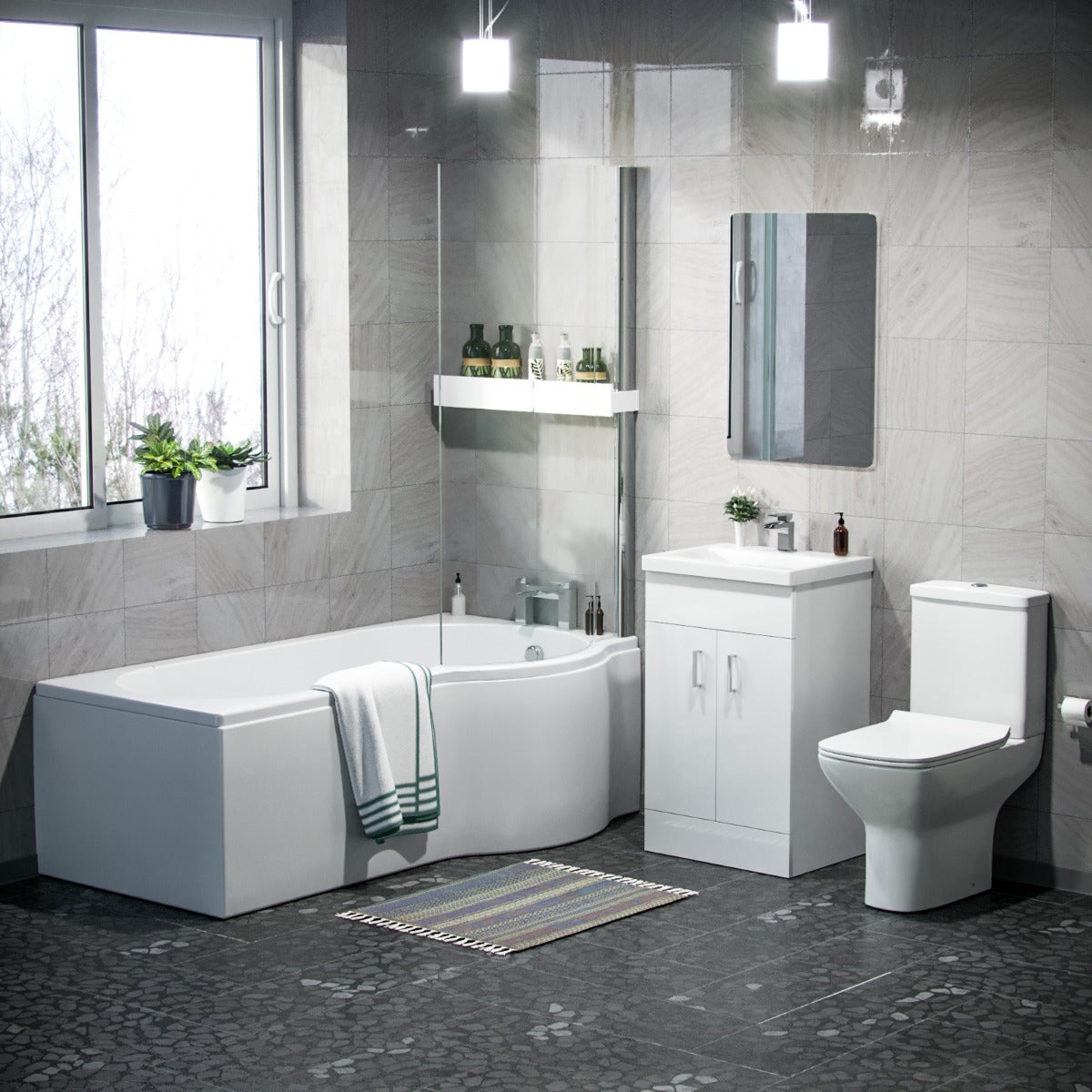 P-Shaped RH Bath 500mm Floor Vanity Unit & Close Coupled Toilet Suite