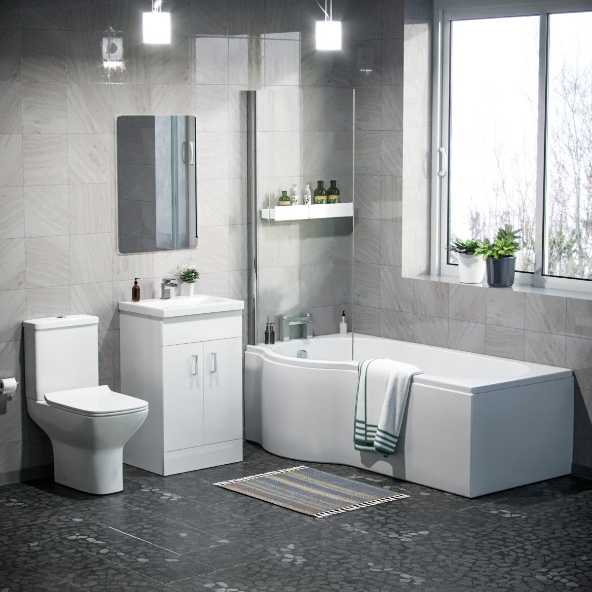 P-Shaped LH Bath 500mm Floor Vanity Unit & Close Coupled Toilet Suite