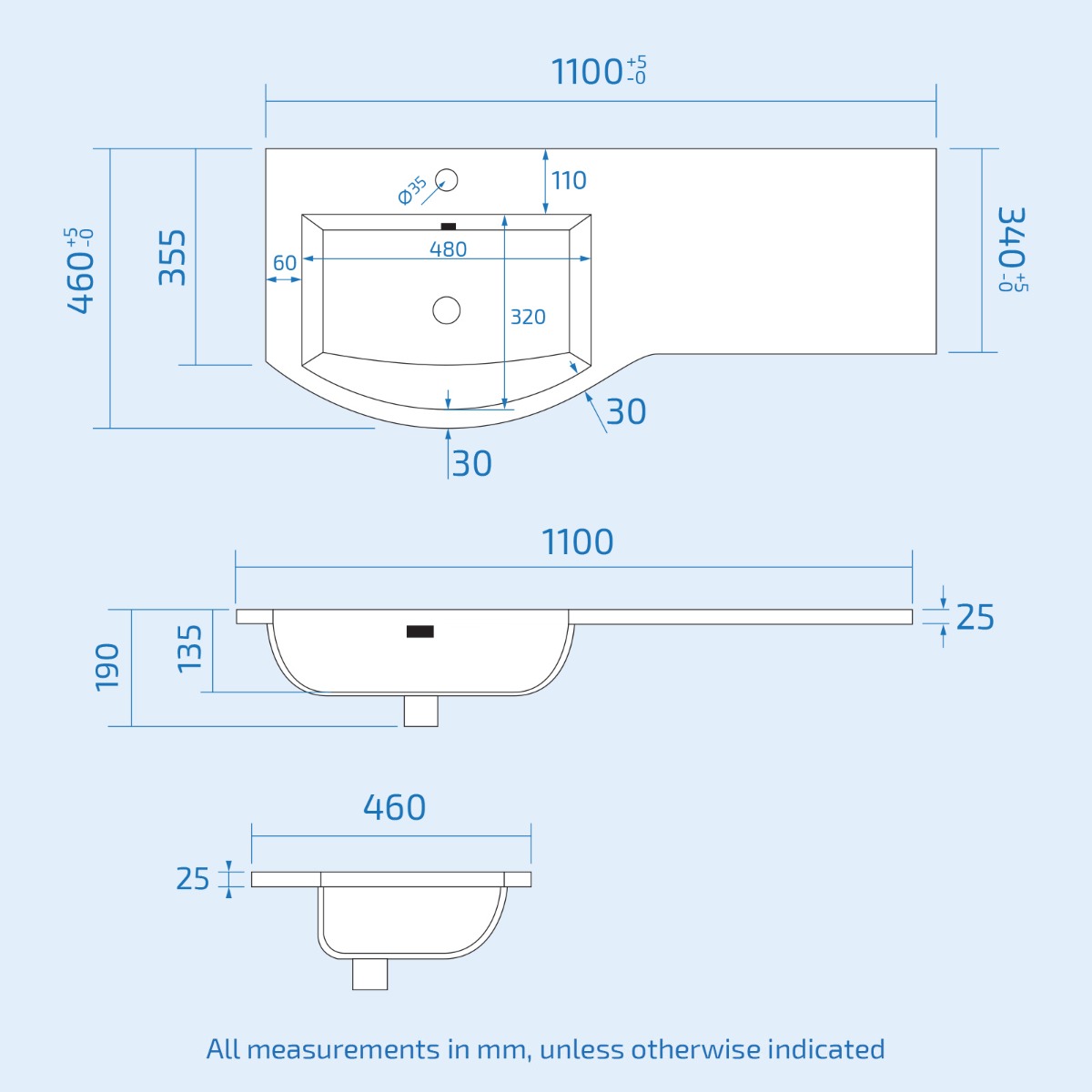 Technical drawing of a bathroom sink with dimensions