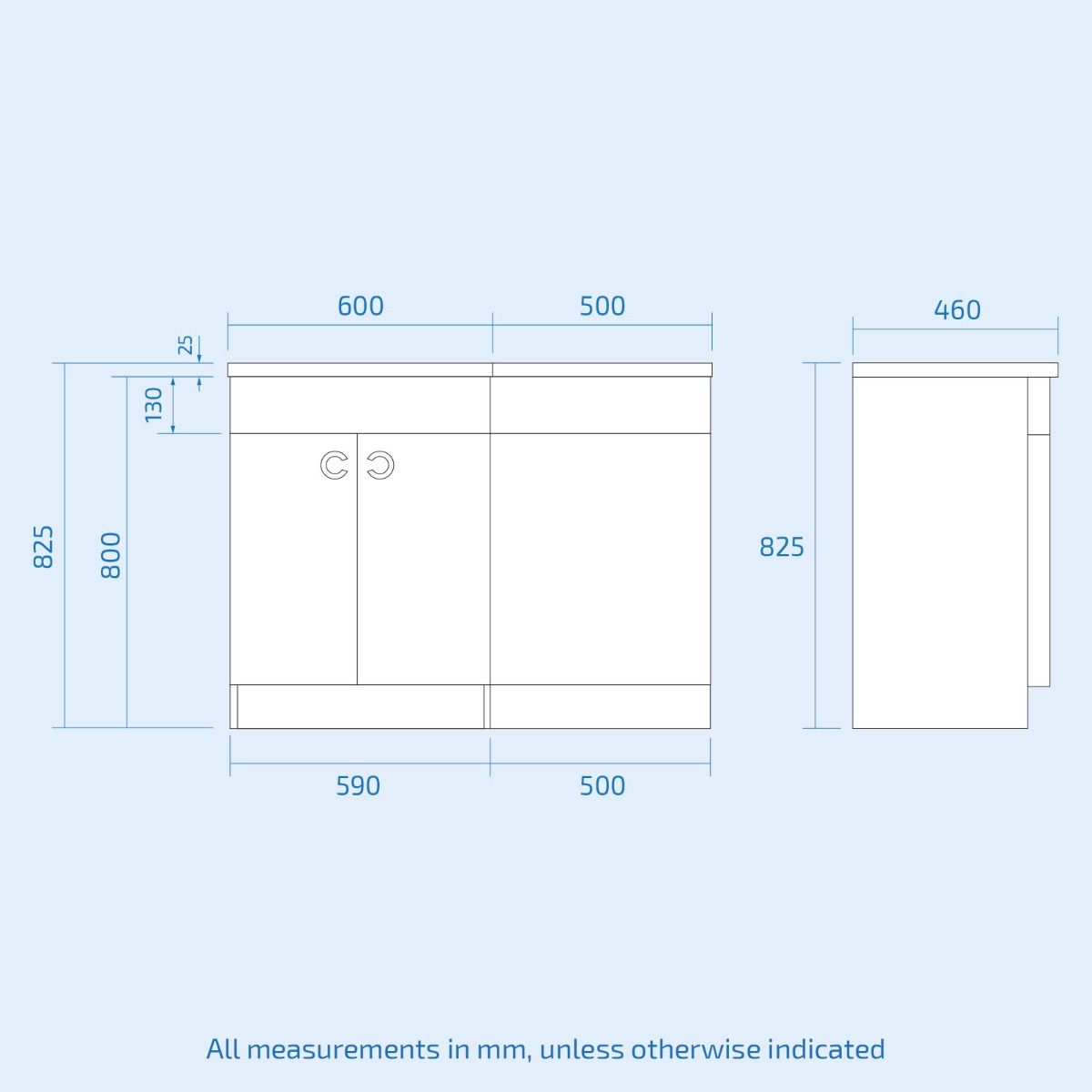 Technical drawing of a bathroom vanity with dimensions 