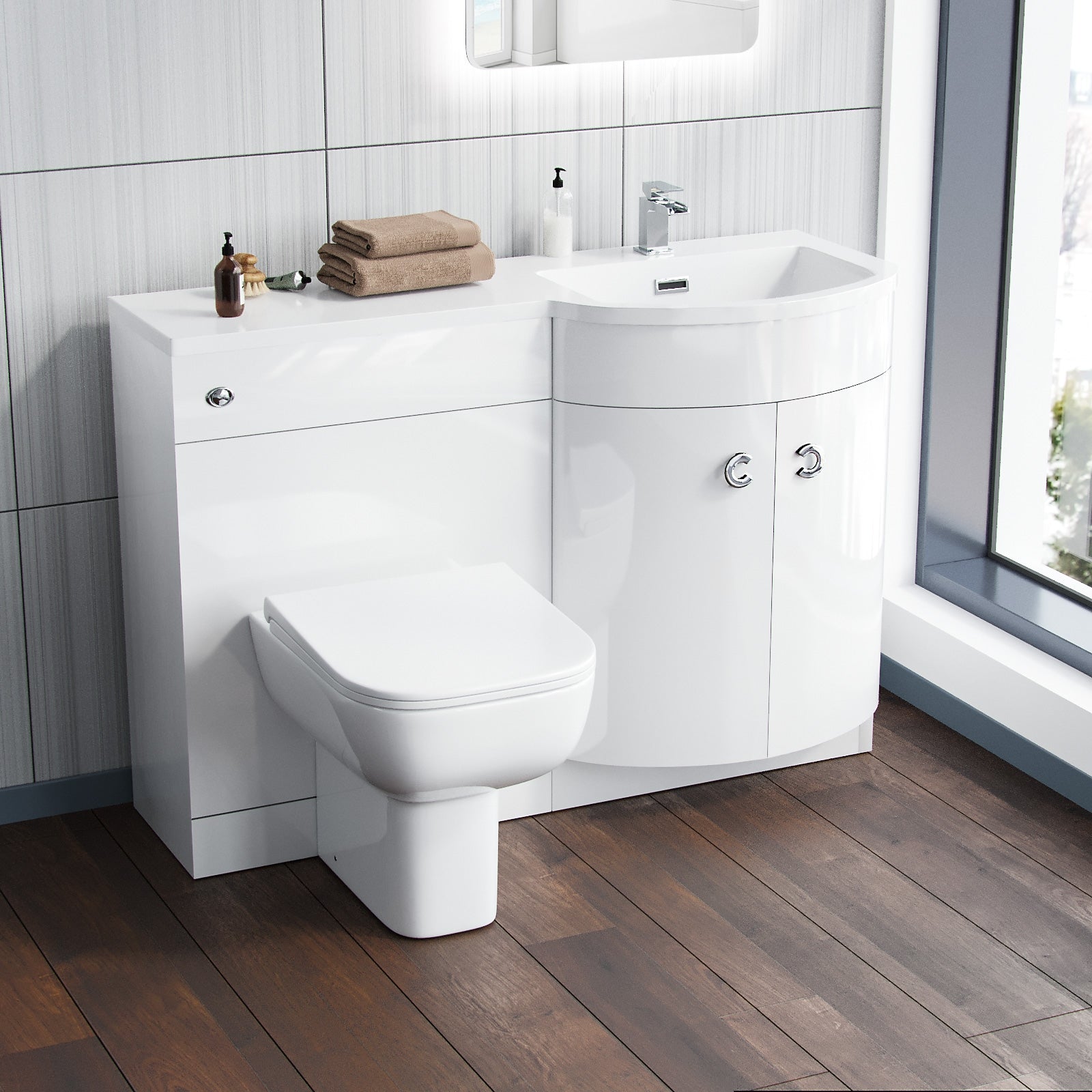 Dene 1100mm P Shaped RH White Vanity Basin Cabinet and Wc BTW Toilet Unit