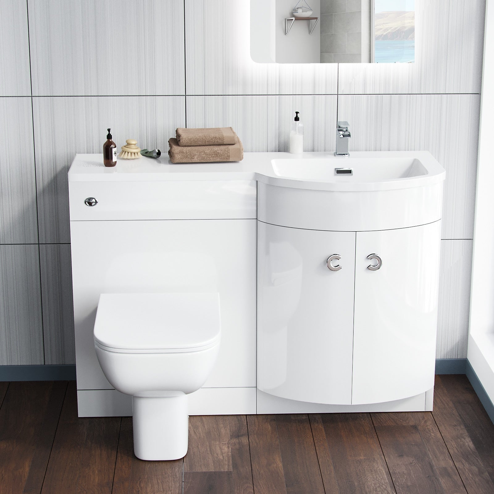Dene 1100mm P Shaped RH White Vanity Basin Cabinet and Wc BTW Toilet Unit