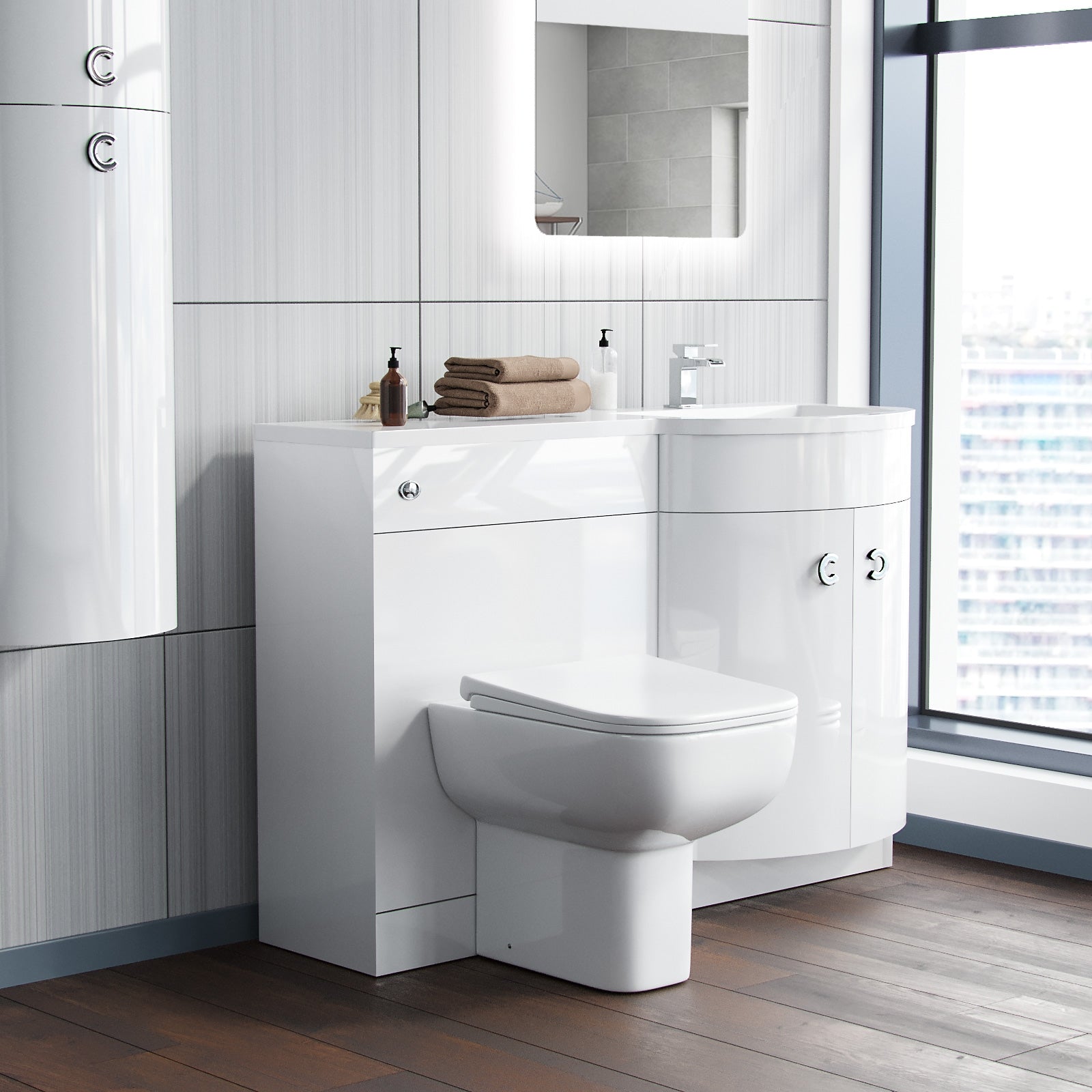 Dene 1100mm P Shaped RH White Vanity Basin Cabinet and Wc BTW Toilet Unit