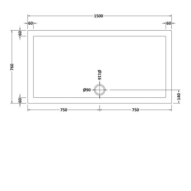 Slim 1500 x 760 Rectangular Stone Resin Shower Tray White For Wetroom Enclosure