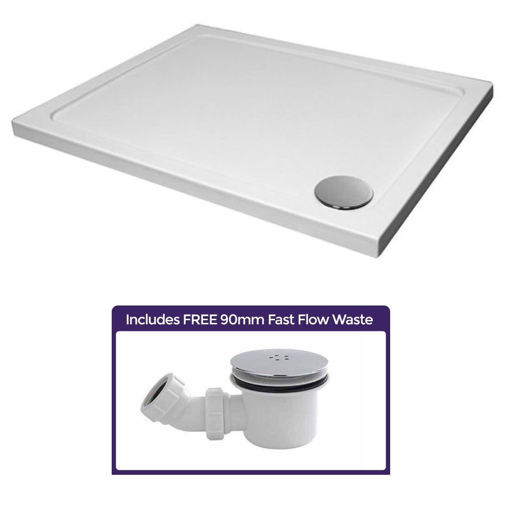 Small White Shower Tray Low Profile Rectangle 900 x 760 and Fast Flow Waste