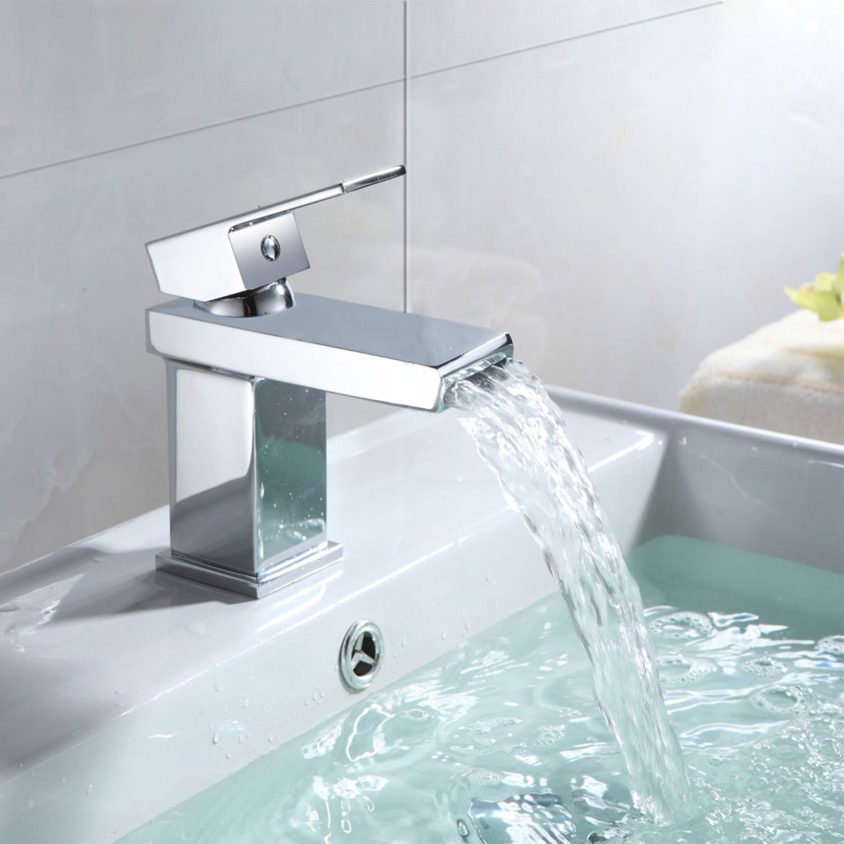 Modern Cloakroom Basin Sink Square Waterfall Mono Mixer Tap & Waste