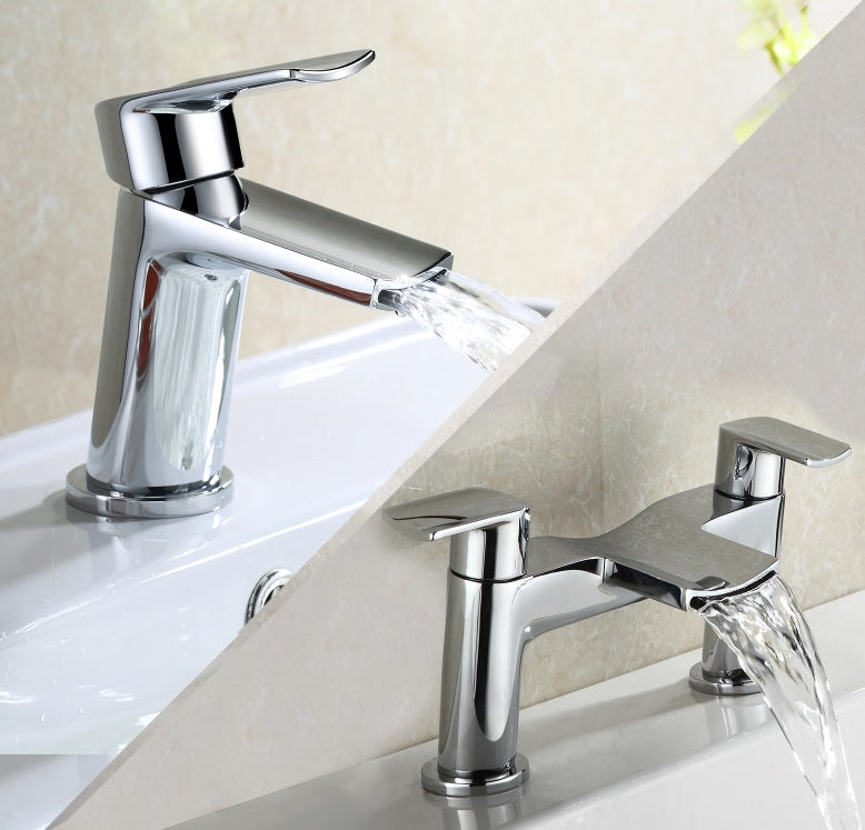 Centa Modern Waterfall Bathroom Basin Sink Mixer Tap & Deck Mounted Bath Filler Tap + Free Basin Waste