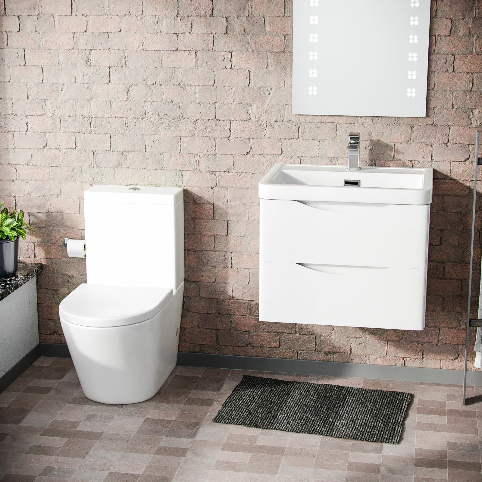 Merton Modern White Basin Vanity Wall Hung and Rimless Close Coupled Toilet