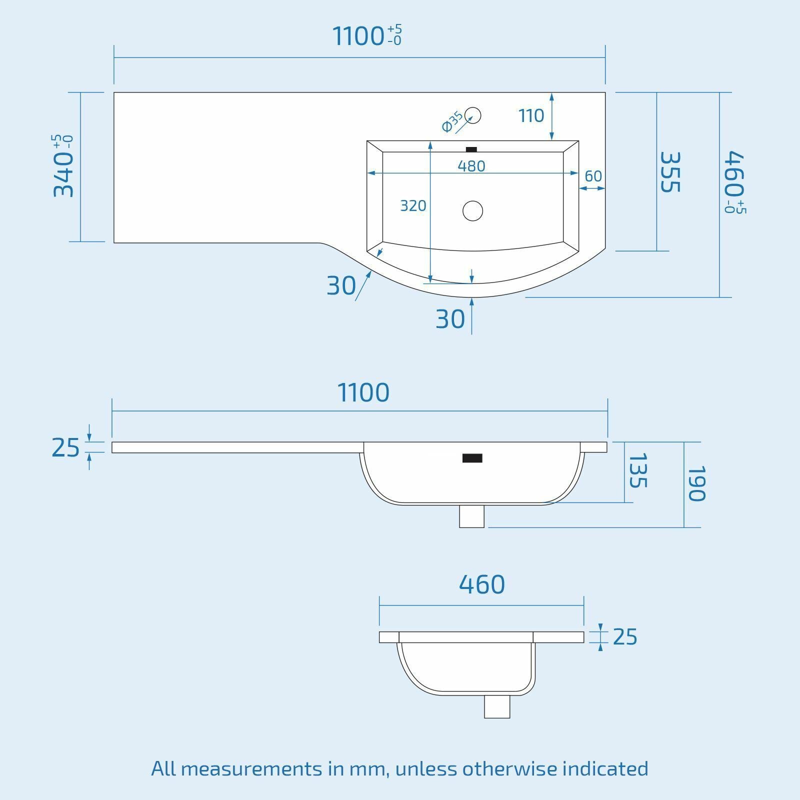 Dene Bathroom Basin Sink 1100mm Vanity Grey Unit Cabinet Furniture RH