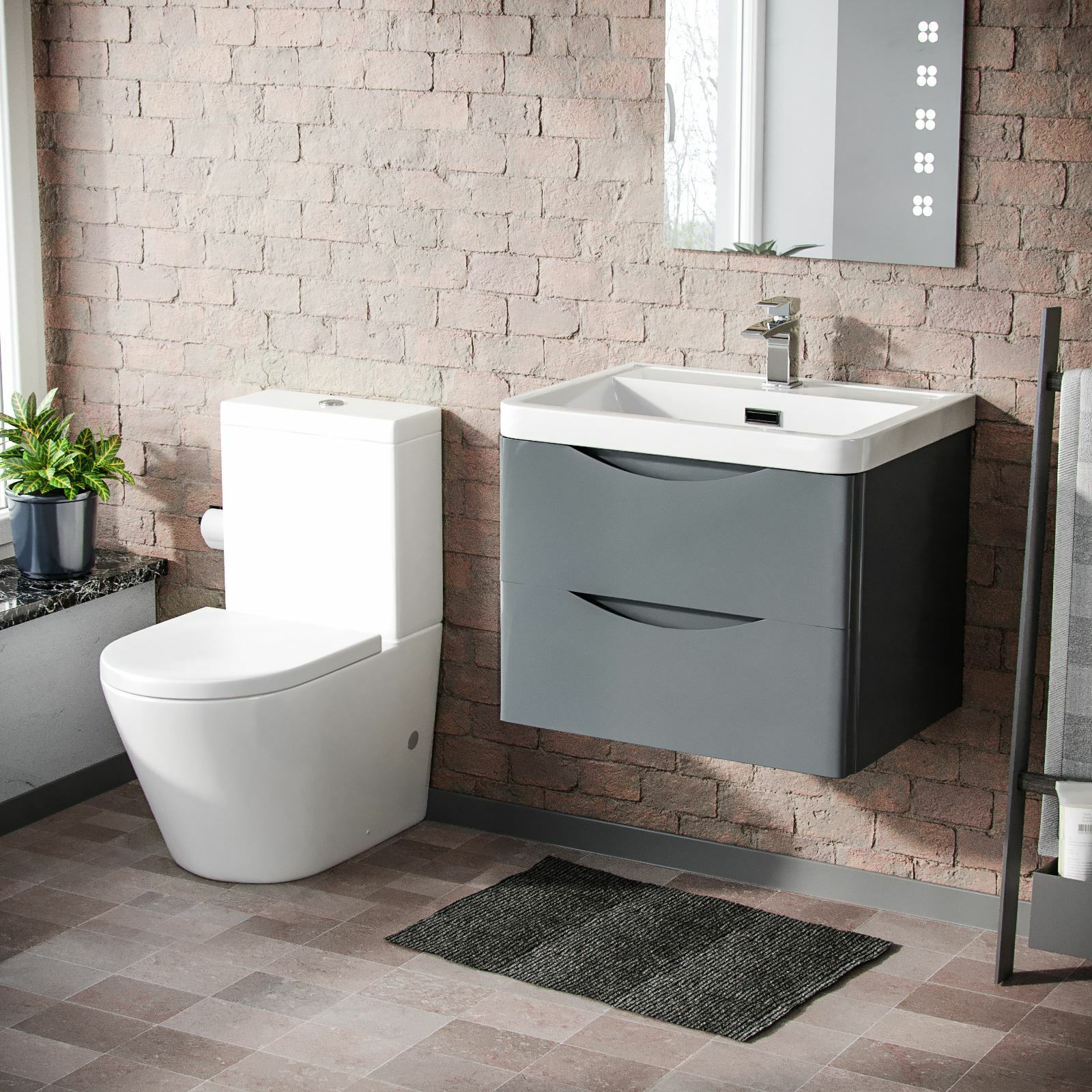 Merton Modern Grey Basin Vanity Wall Hung and Rimless Close Coupled Toilet