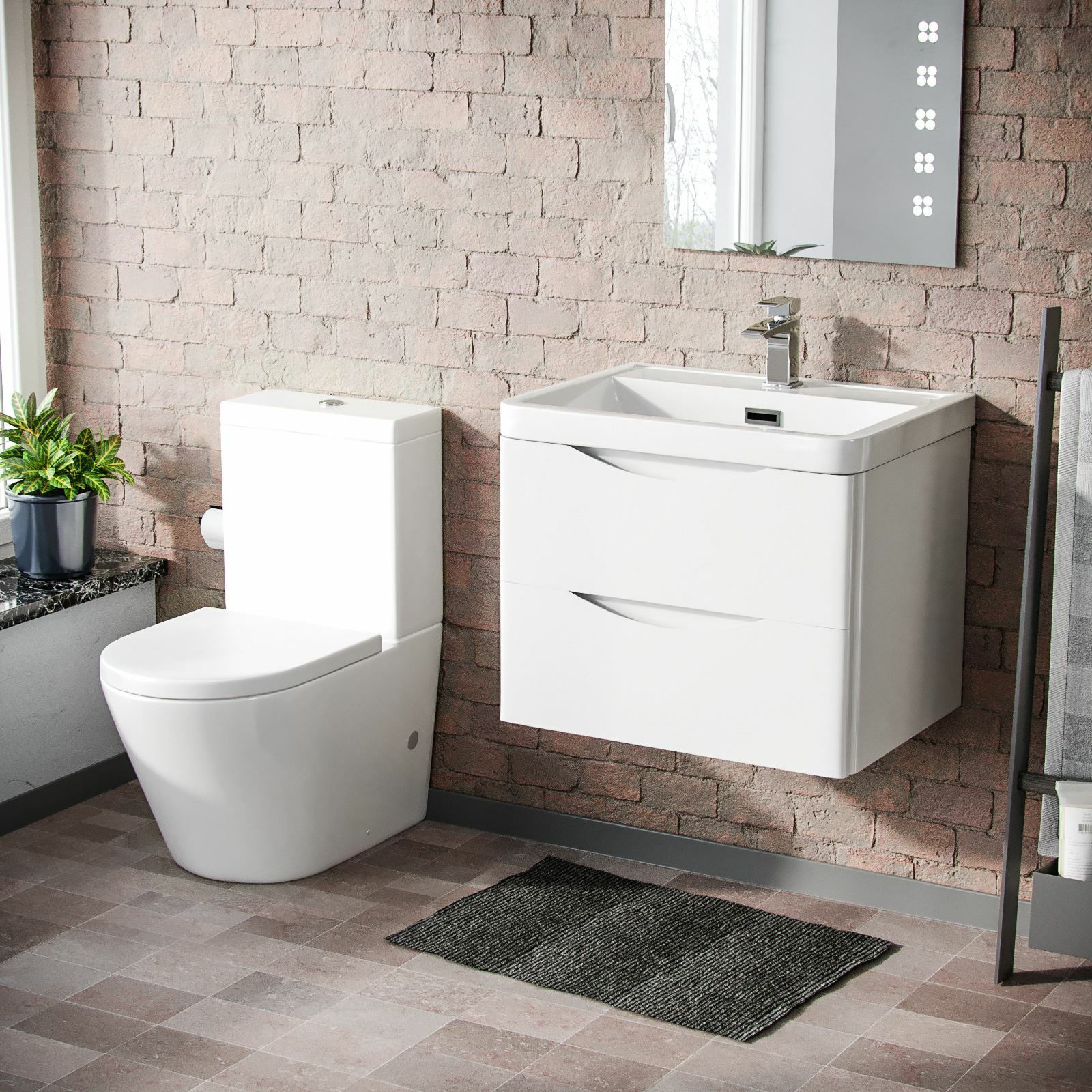 Merton Modern White Basin Vanity Wall Hung and Rimless Close Coupled Toilet