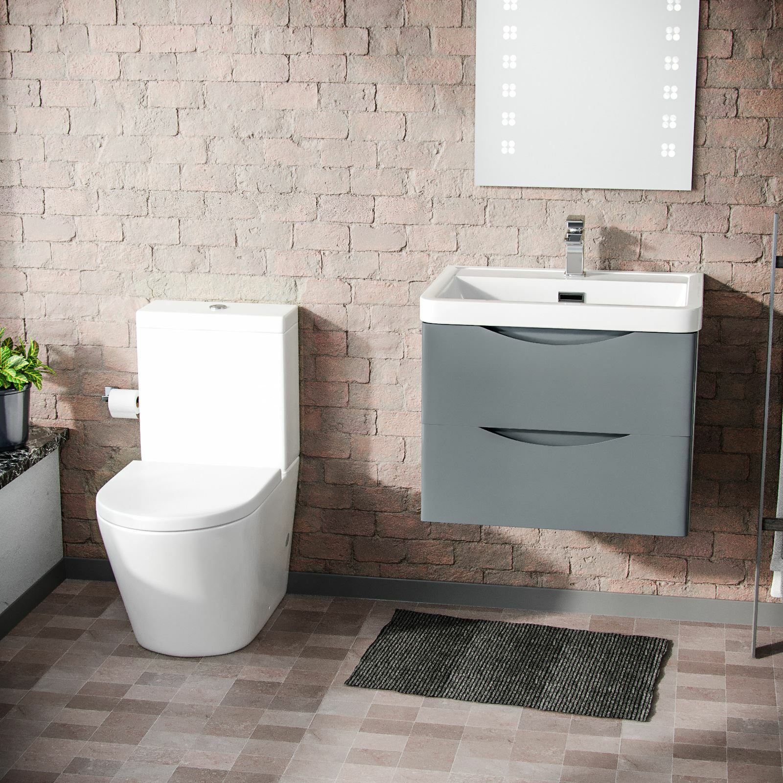 Merton Modern Grey Basin Vanity Wall Hung and Rimless Close Coupled Toilet