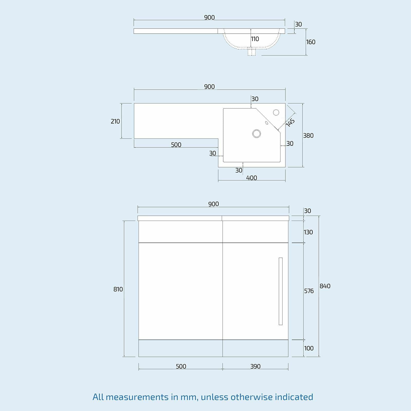 Alaska Grey 900mm WC RH Basin Vanity Unit Cabinet & Rimless Toilet