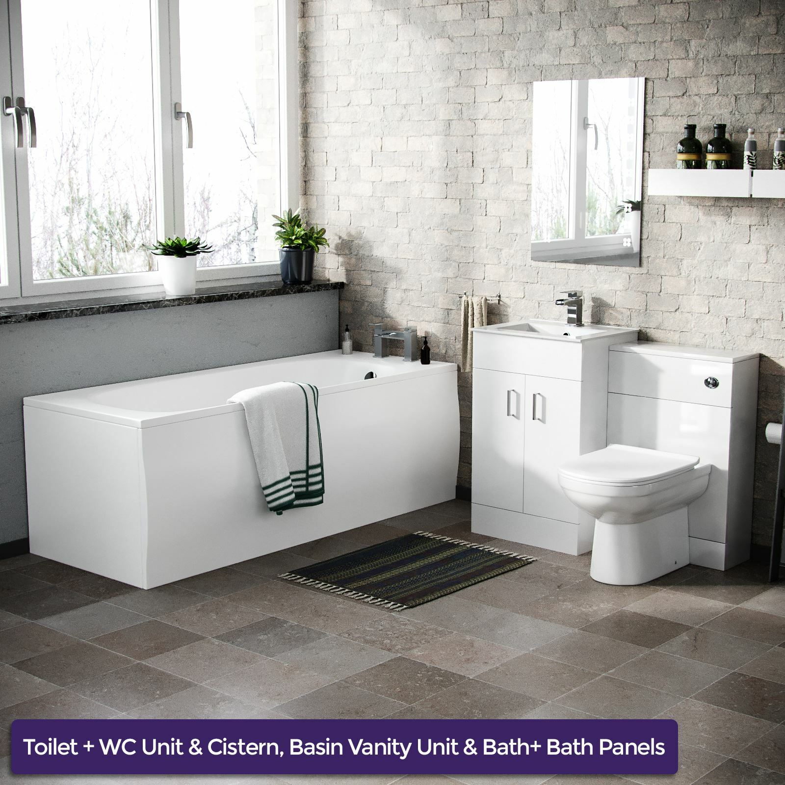 Nanuya White 1700mm Bath and Panel Basin Vanity WC Unit & Back to Wall Toilet