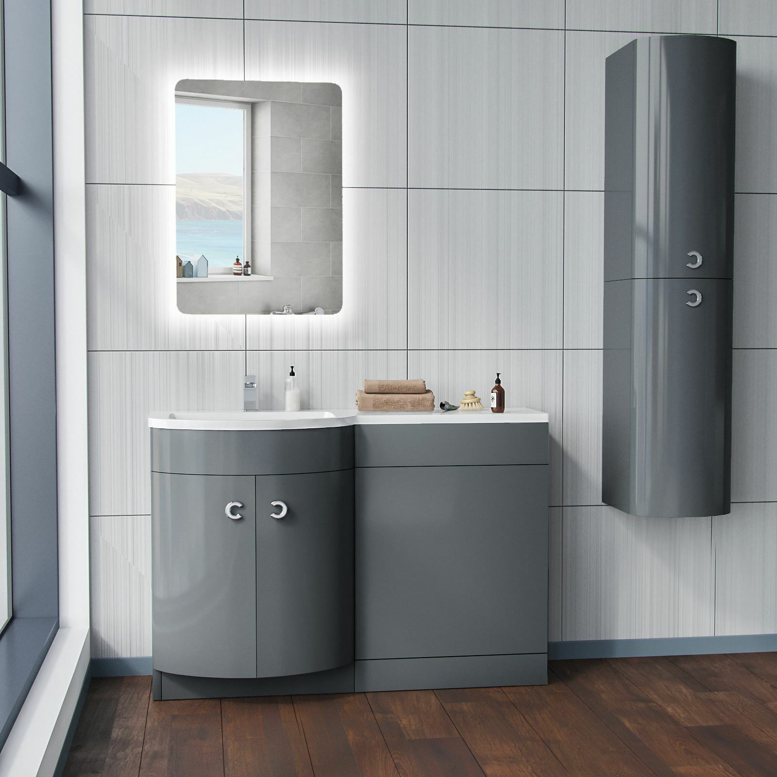 Dene Grey 1100mm Bathroom Basin Sink Vanity WC Unit Furniture Cabinet LH