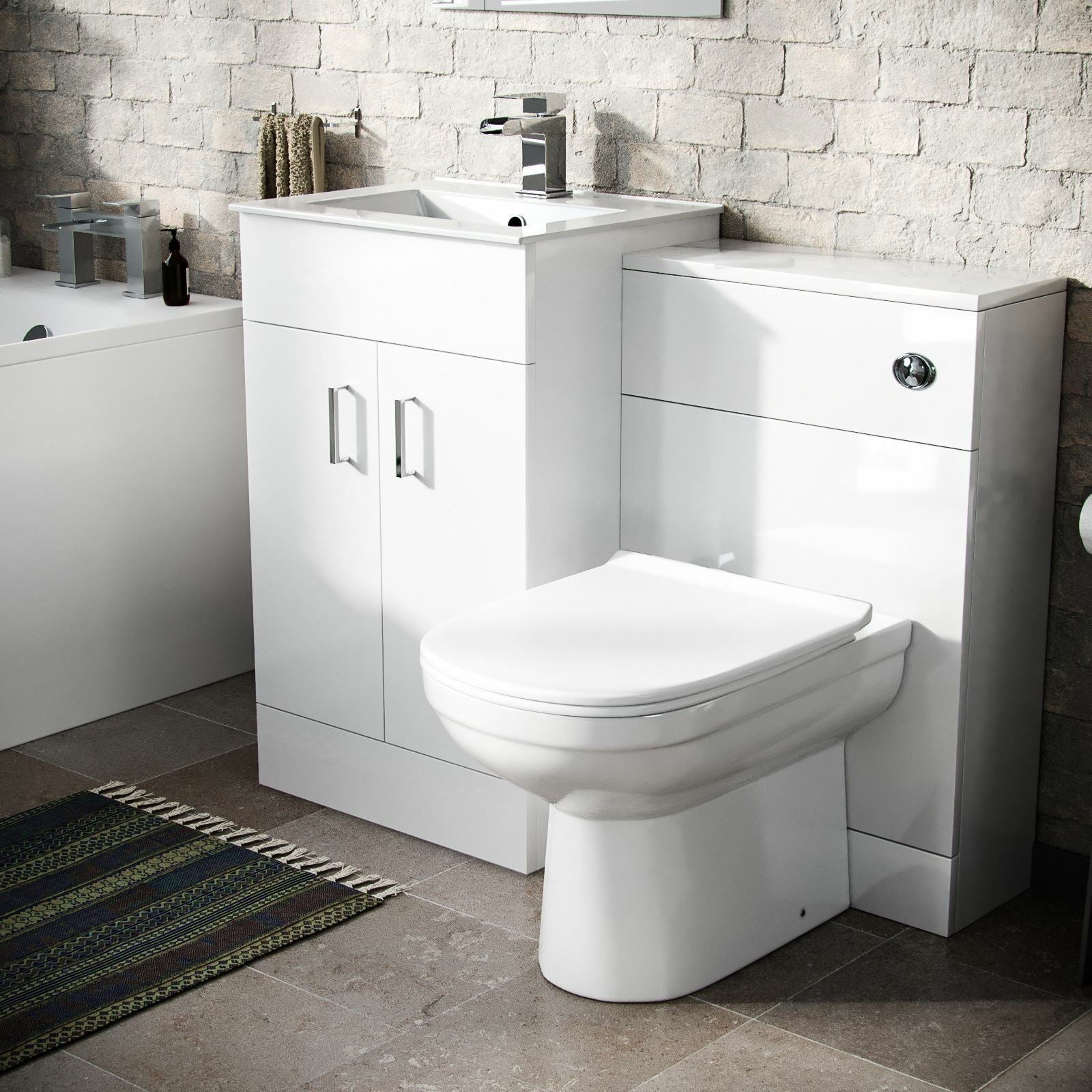 Nanuya White 1700mm Bath and Panel Basin Vanity WC Unit & Back to Wall Toilet