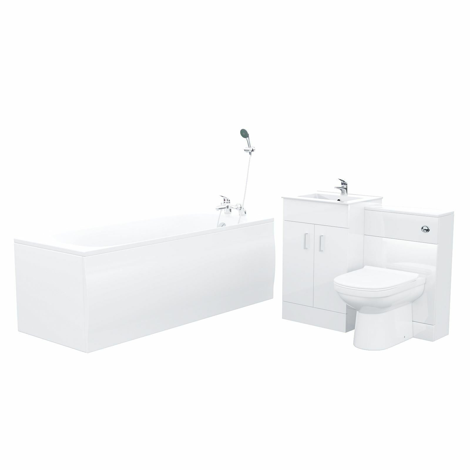 Nanuya 1700mm Bath, Basin Vainty , WC Unit, Back to Wall Toilet, Shower and Mono Mixer & Wastes White