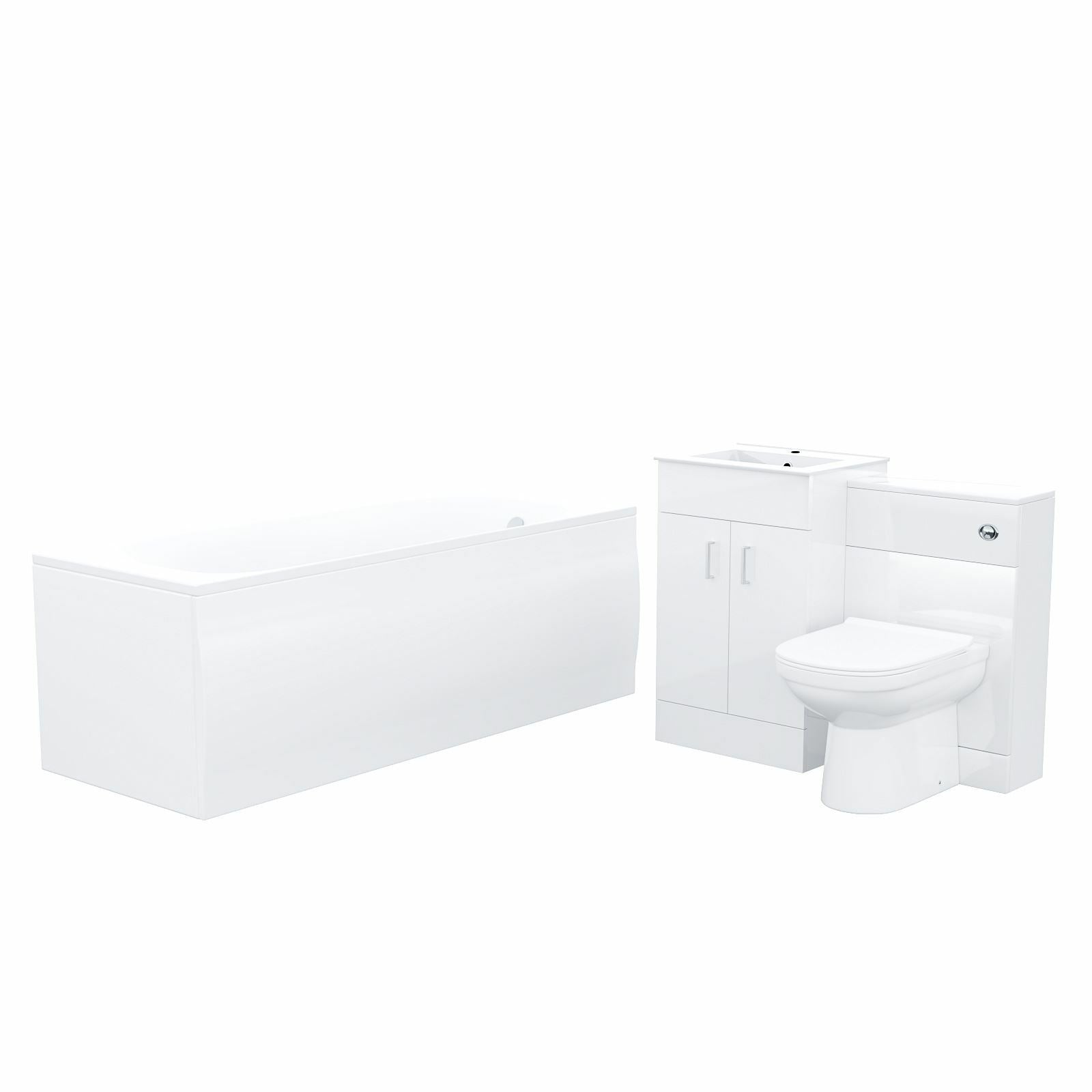 Nanuya White 1700mm Bath and Panel Basin Vanity WC Unit & Back to Wall Toilet