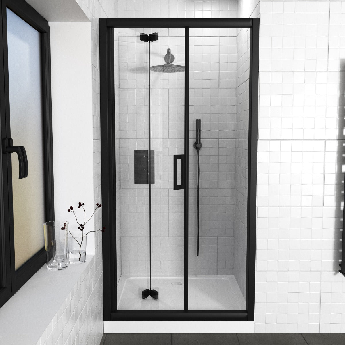 Kim Matte Black Walk In Bi Folding Shower Tempered Glass Door Screen Panel