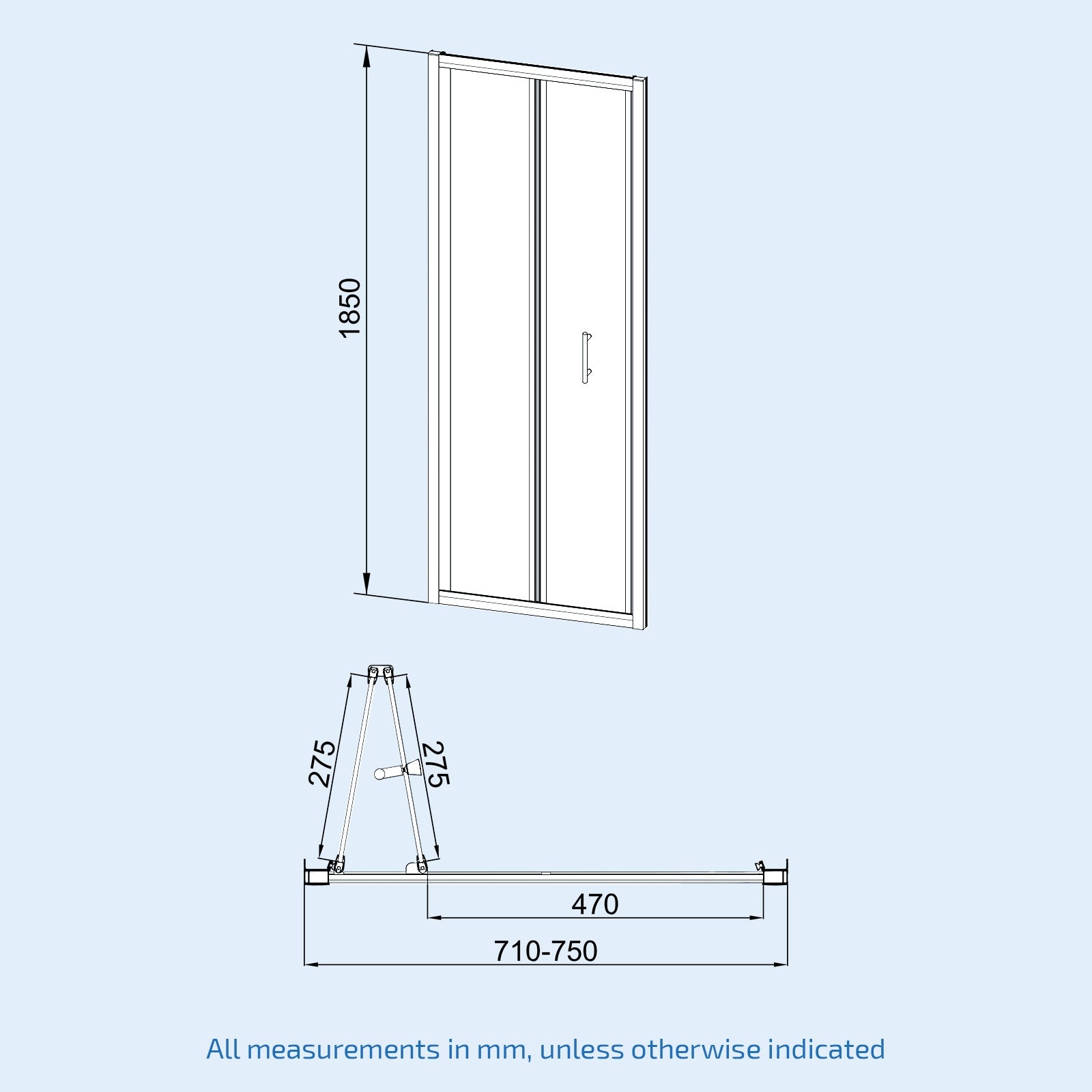 Bi-Fold Folding 760 x 760mm Glass Door with Frameless Side Panel Tray
