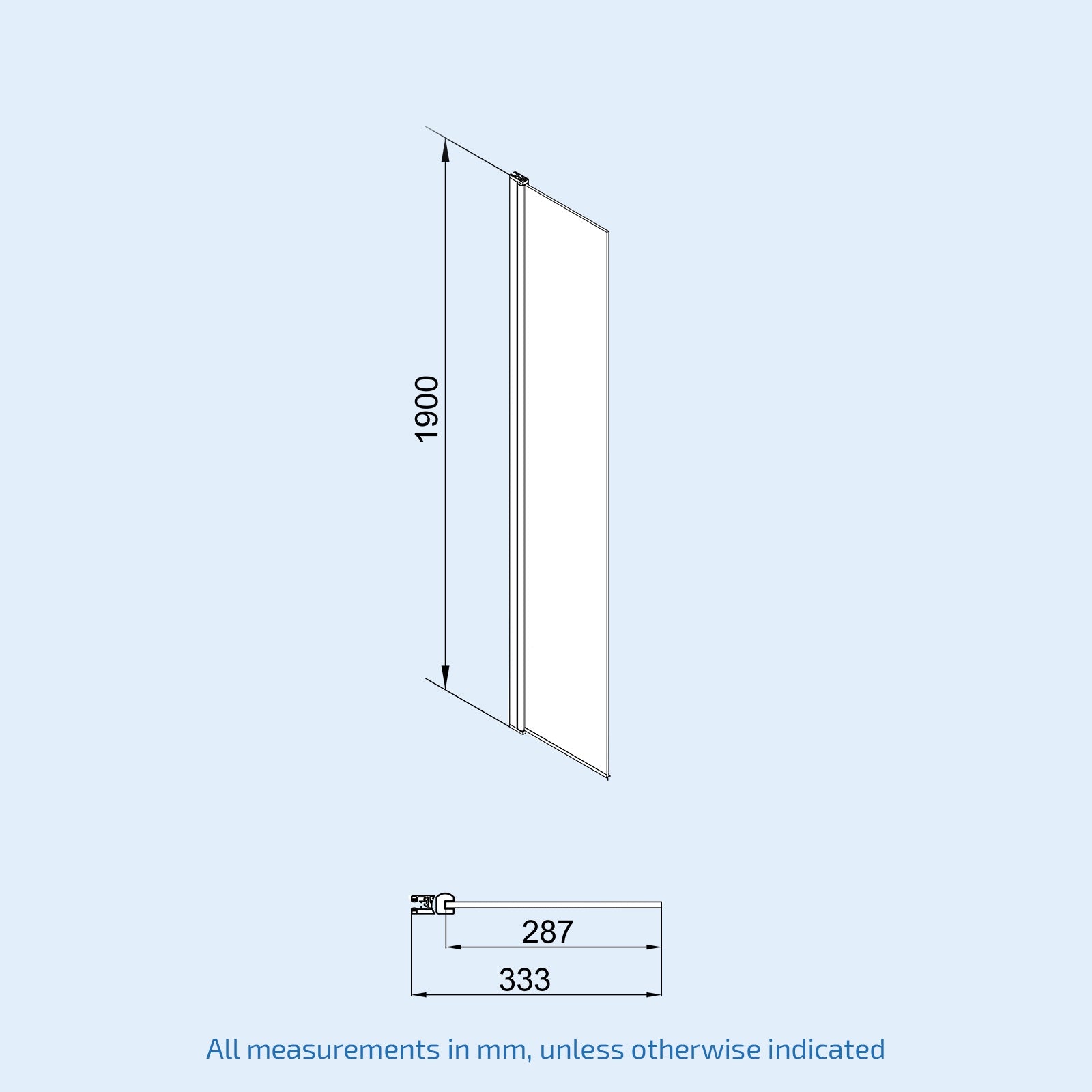 Measurement chart for a shower screen with dimensions 