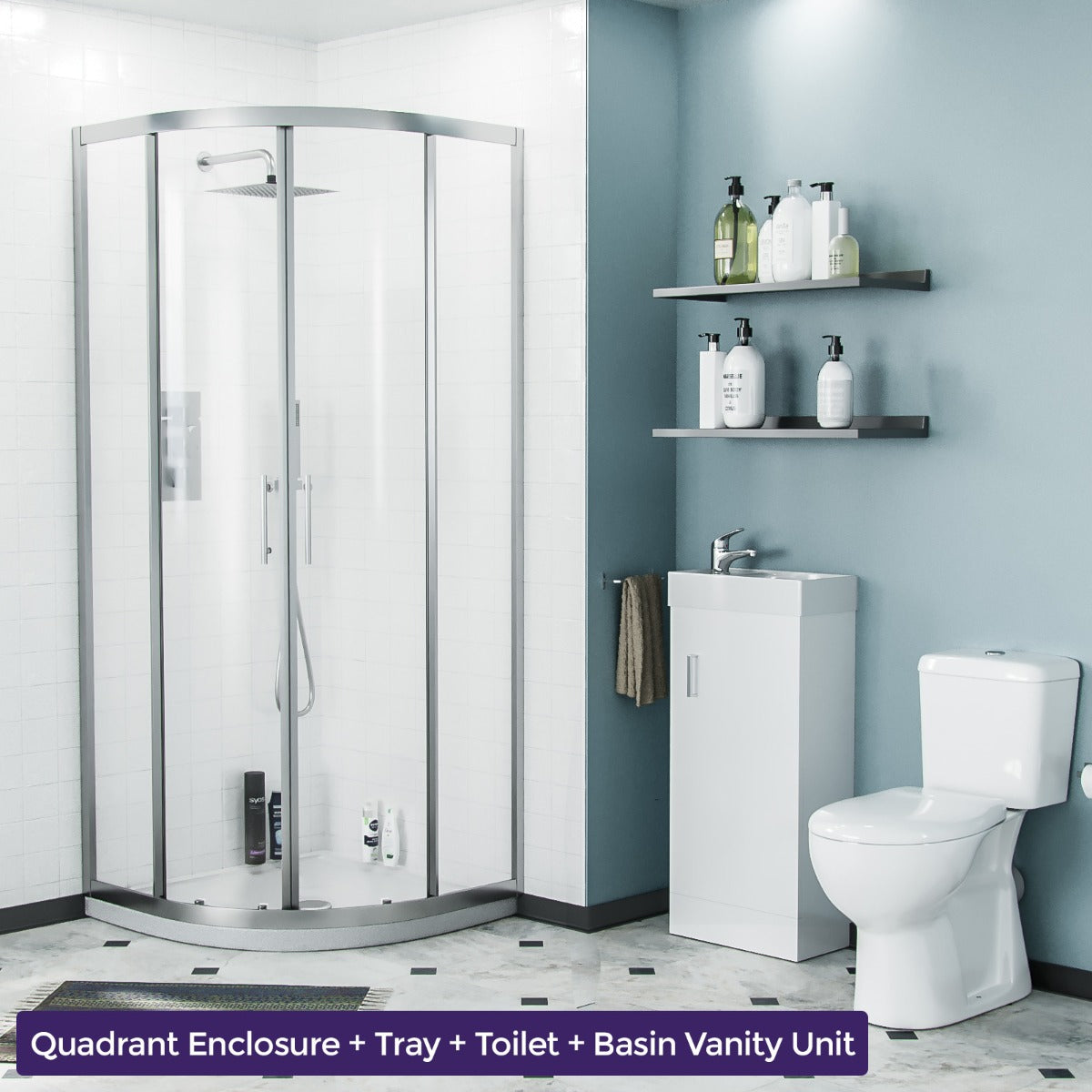 Nanuya 800mm Quadrant Shower Enclosure with Tray Close Coupled WC Toilet Floorstanding 400 mm Vanity