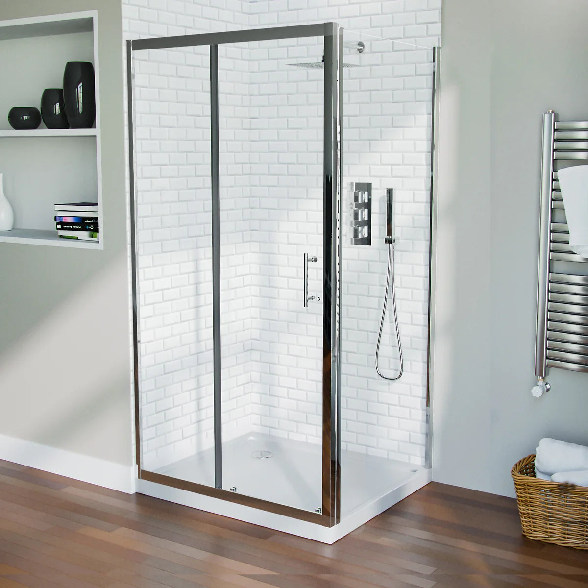 Slider Shower Door Enclosure with Frameless Glass Panel Screen + Tray