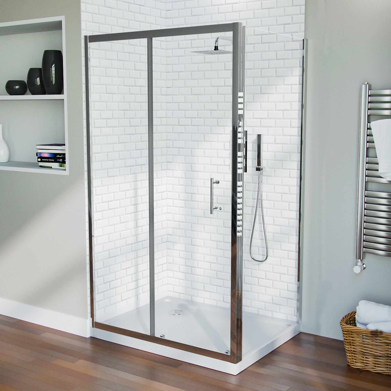 Magna 1100 mm Slider Shower Door Enclosure Chrome with 900 Frameless Glass Panel Screen + Tray