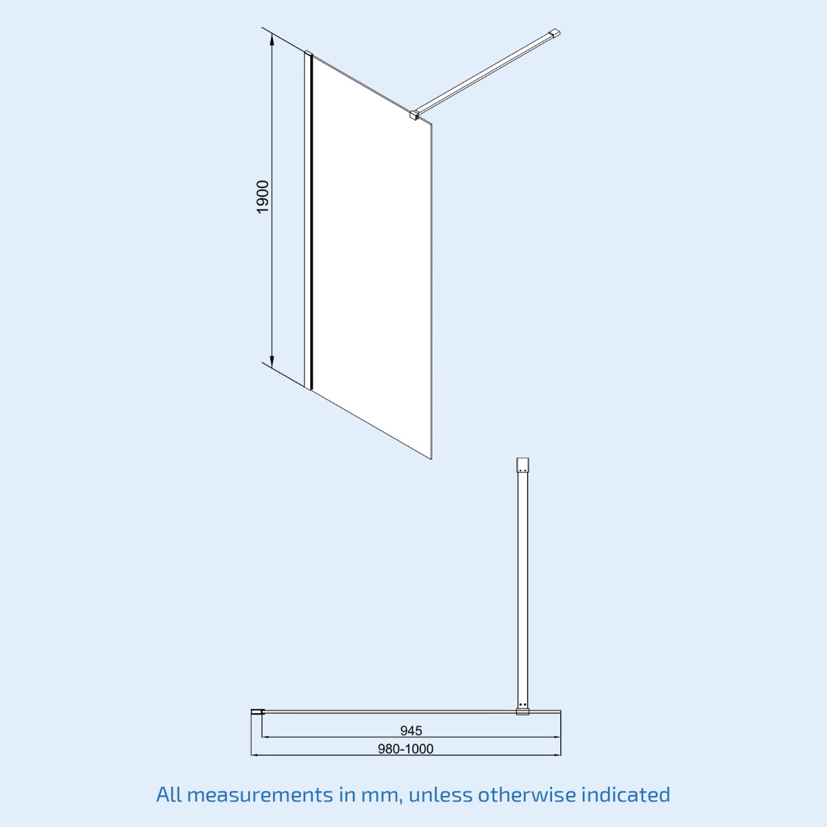 Magna Black 1000mm Shower 8mm Tempered Glass Screen With 30omm Flipper Panel