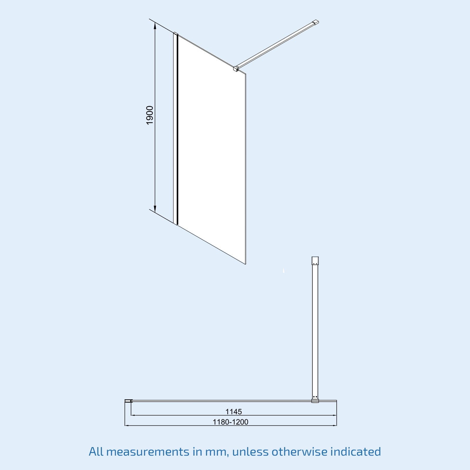 Chrome 1200 Wet Room Screen 8mm Tempered Glass with 300mm Return Panel