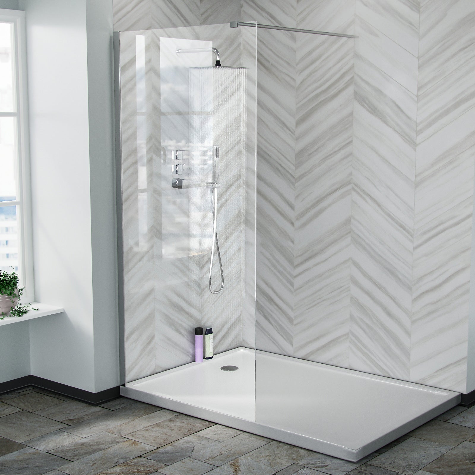 Chrome 900 Wet Room Screen 8mm Tempered Glass with 300mm Return Panel