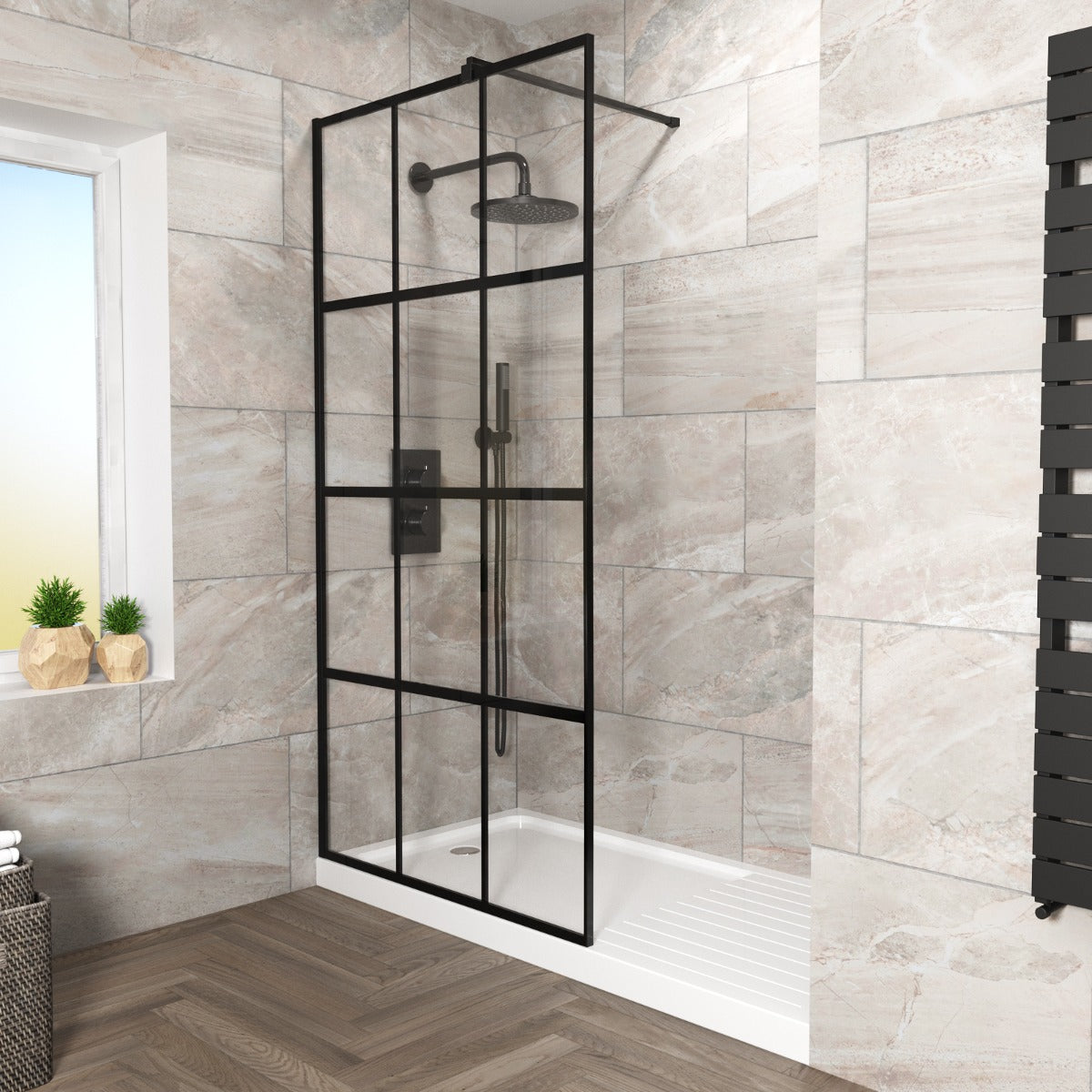 Stanley 1000mm Black Grid Framed Walk-In Shower Enclosure with Support Bar