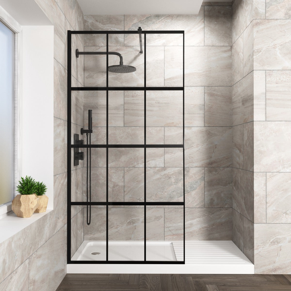 Stanley 1000mm Black Grid Framed Walk-In Shower Enclosure with Support Bar