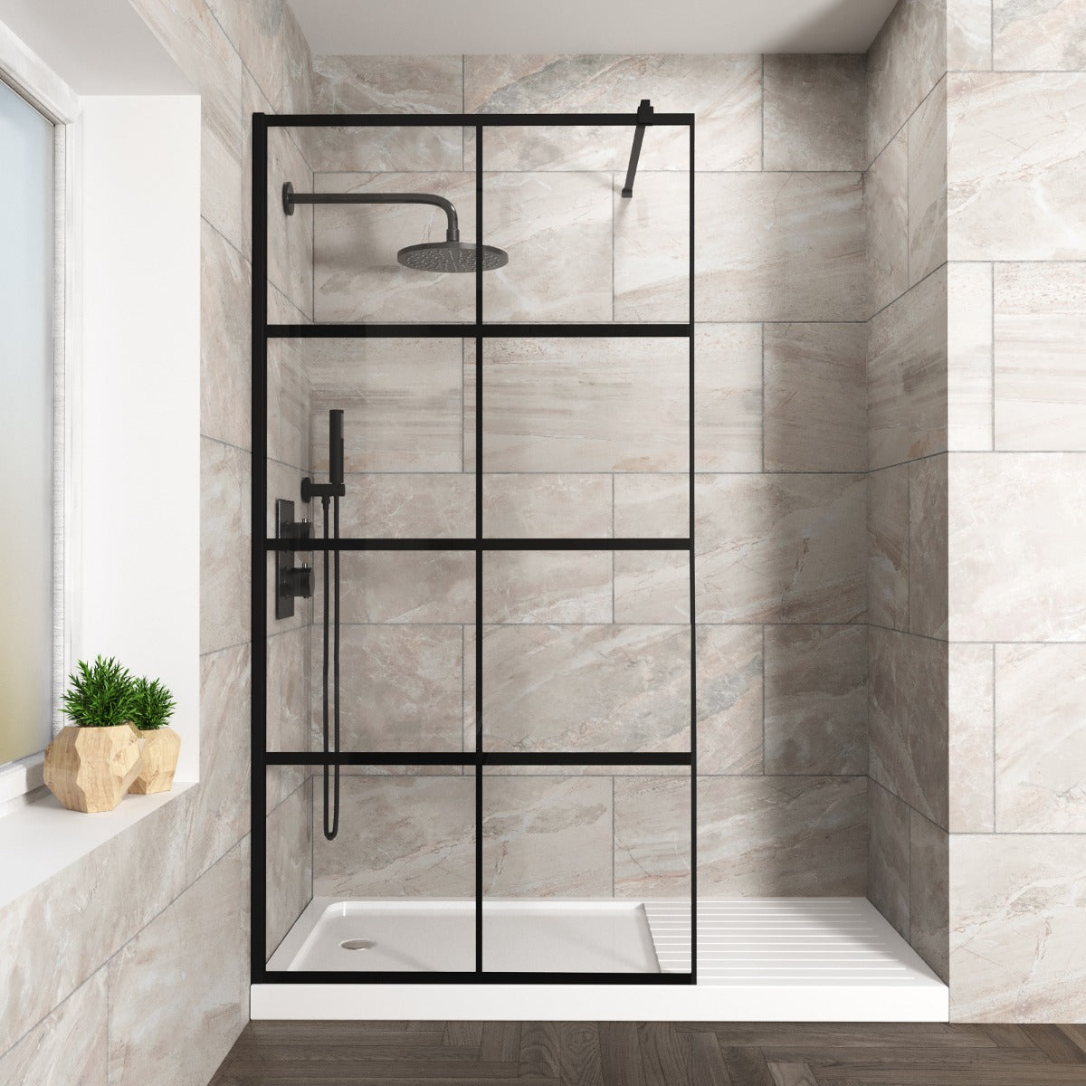 Stanley 800mm Black Grid Framed Walk-In Shower Enclosure with Support Bar