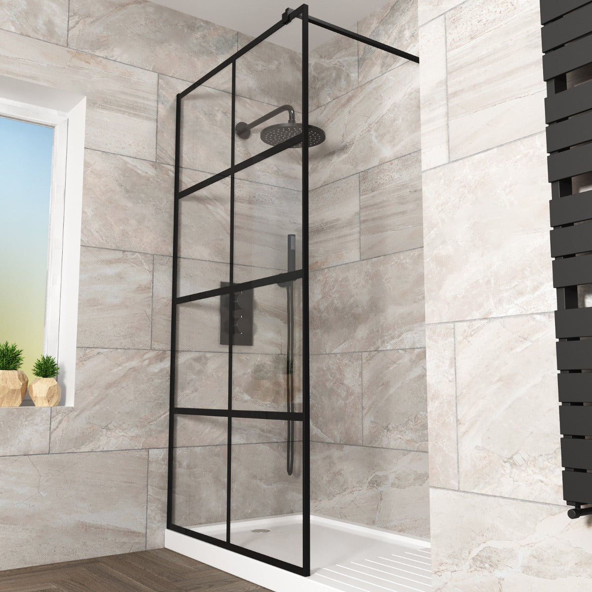 Stanley 800mm Black Grid Framed Walk-In Shower Enclosure with Support Bar